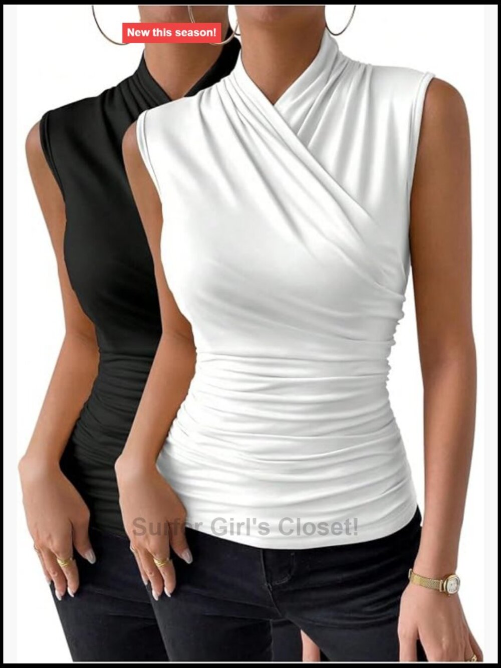 2 Piece Tank Top Sets Mock Neck Ruched Wrap Slim Fit Sleeveless